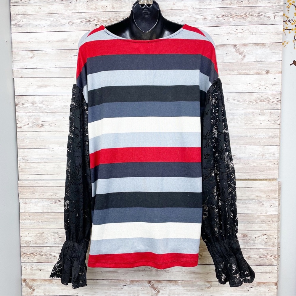 UMGEE Striped Sweater Billowy Boho Lace Sleeves - Picture 6 of 9